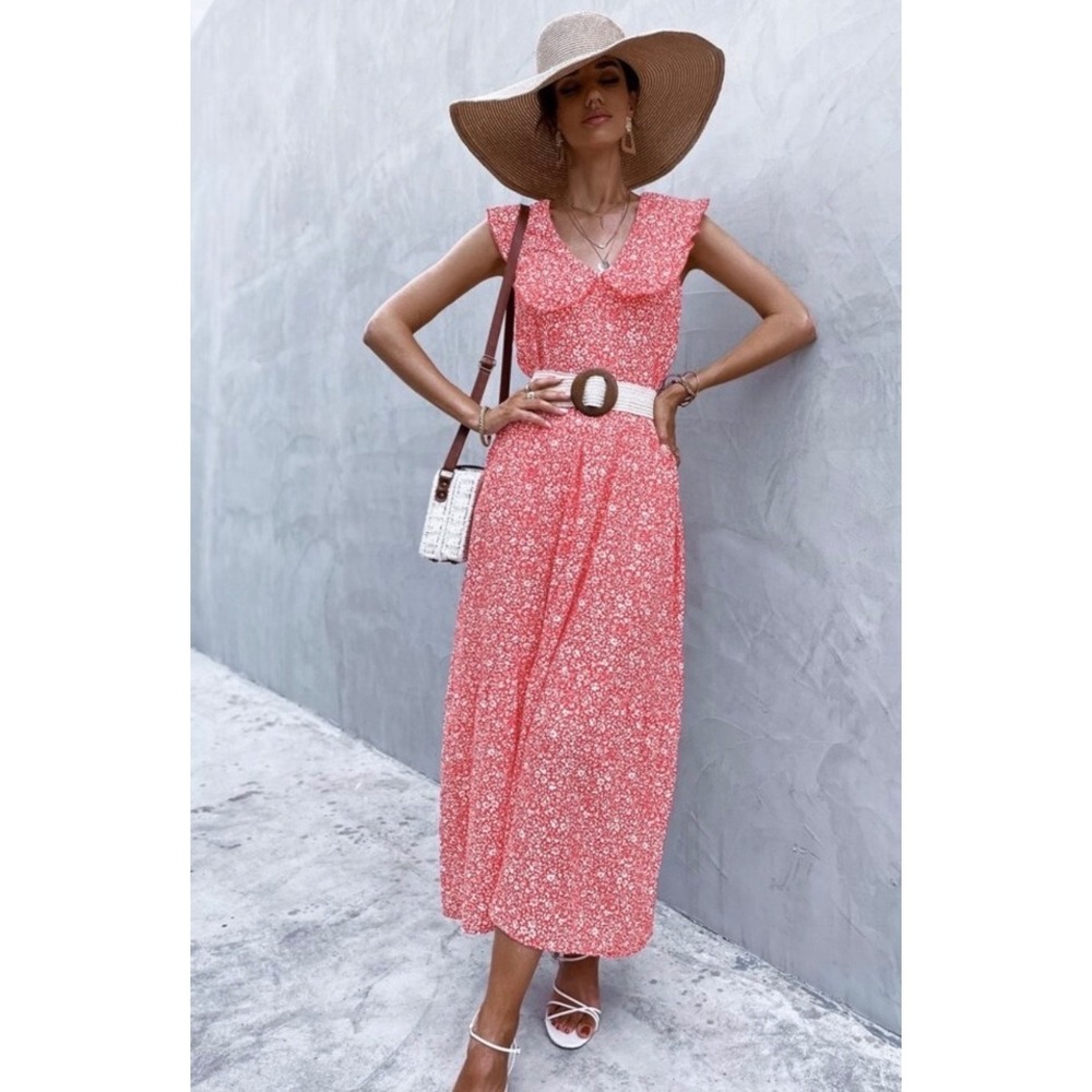 NWT Zara Red Floral Ruffle Collar Midi Dress XL French Riviera Euro Summer